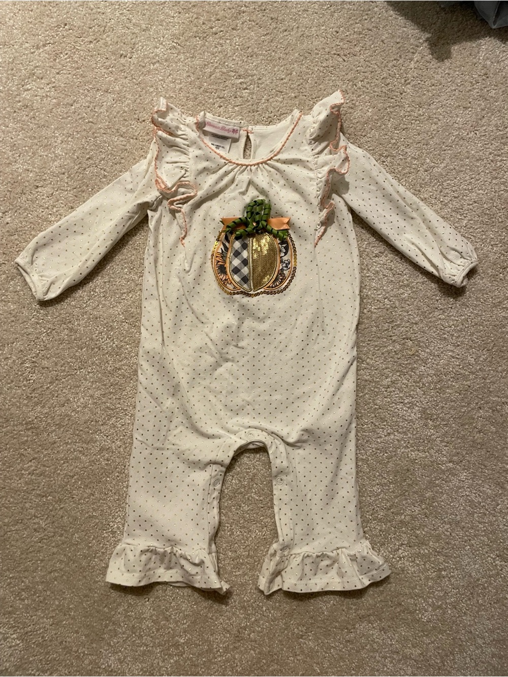 Cream Polka Dot Pumpkin Appliqué Romper